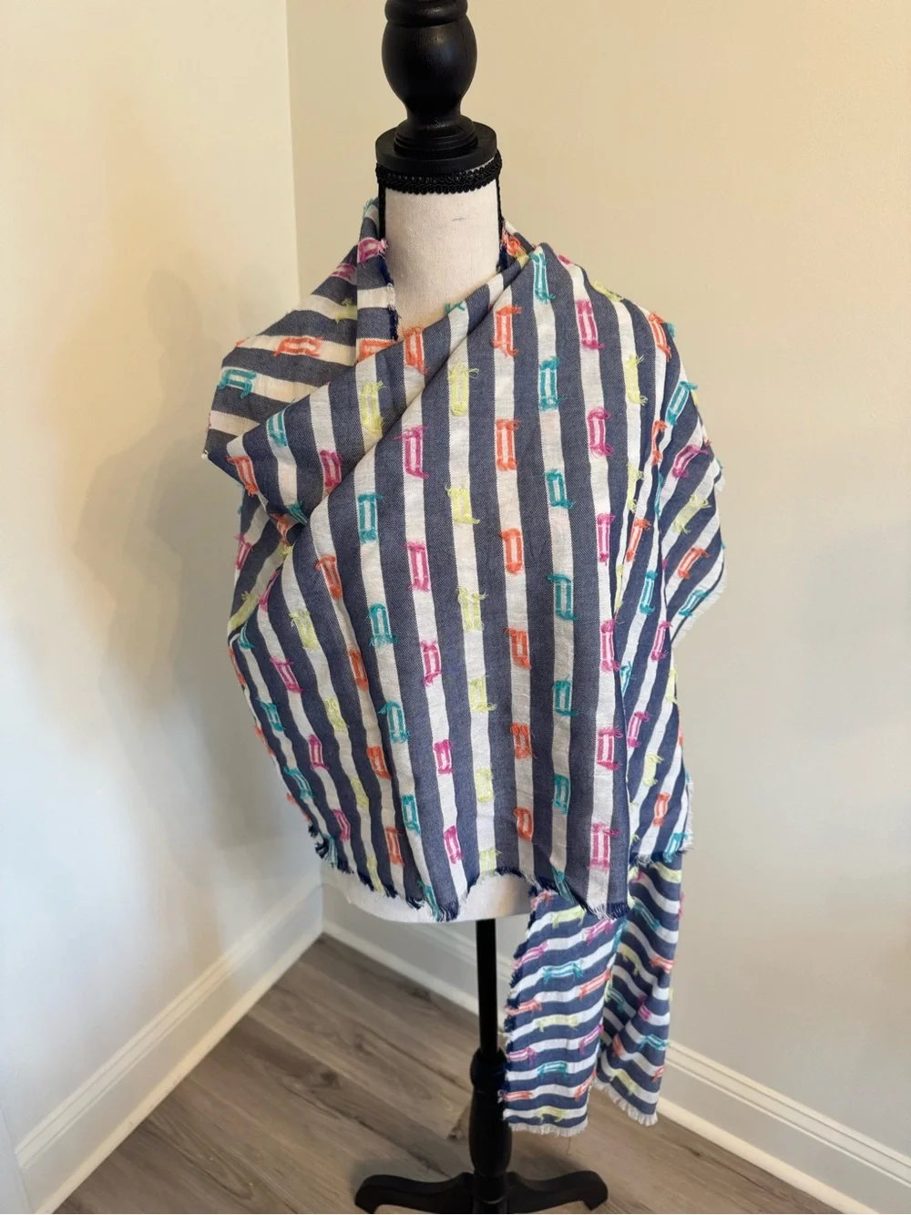 Fraas Navy Striped Scarf with Pink, Orange, Teal & Yellow Accents